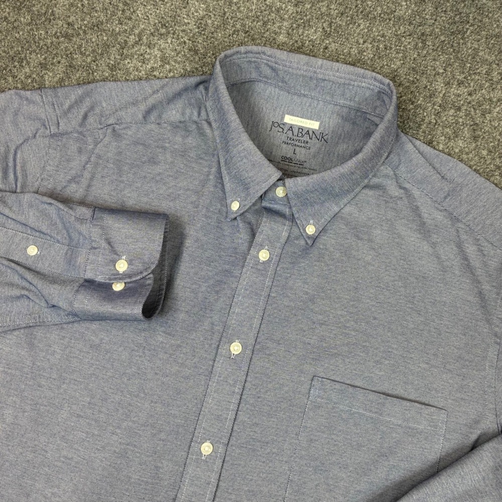Jos A Bank Traveler Performance Shirt Mens Size Large Blue Tailored Fit Coolmax